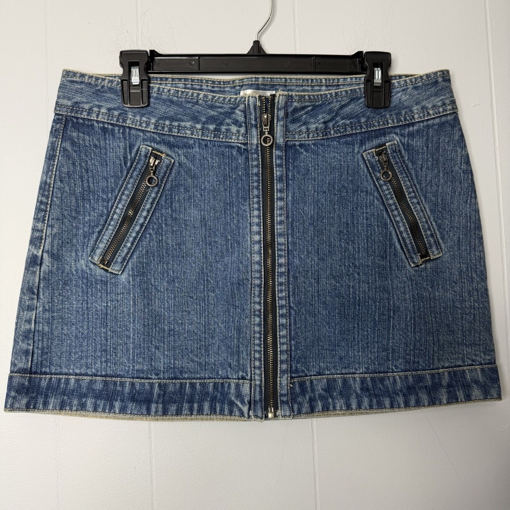 VTG Y2K No Boundaries Denim Jean Low Rise Full Zip Mini Skirt Sz 11 34" W Grunge